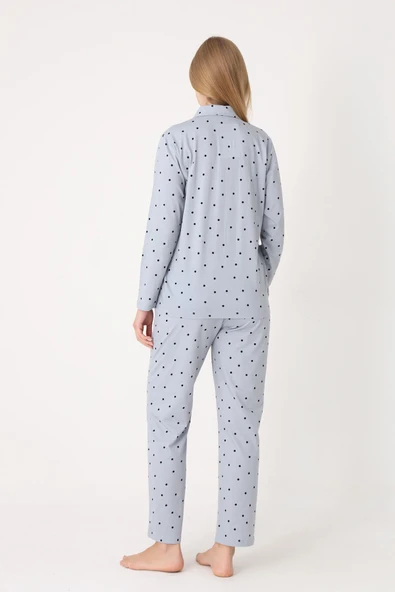 Gri Polka Dot Önden Düğmeli Pijama Takım - Resim 2