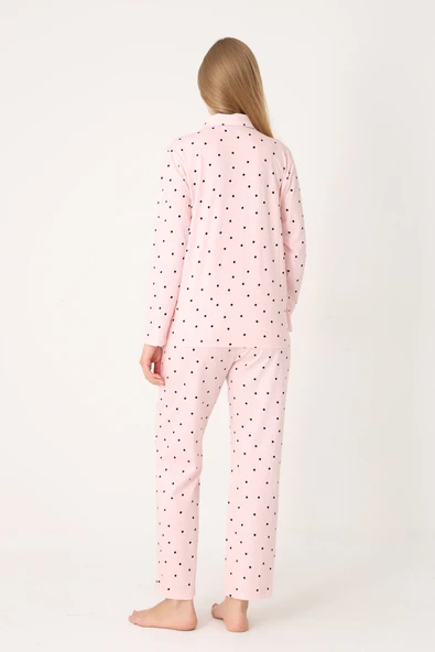 Somon Polka Dot Önden Düğmeli Pijama Takım - Resim 3
