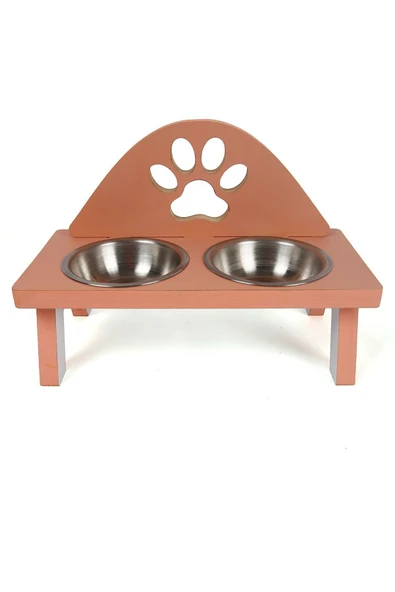 Pati Desenli Paslanmaz Çelik Kaseli Ahşap Kedi Köpek Mama Su Kabı Pembe - 2
