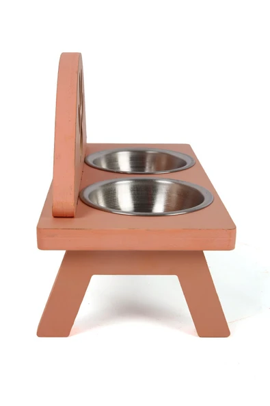 Pati Desenli Paslanmaz Çelik Kaseli Ahşap Kedi Köpek Mama Su Kabı Pembe - 4