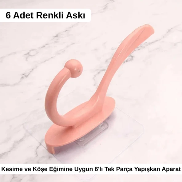 Şeffaf Yapışkanlı 6'lı Renkli Askı Seti Duvar Tipi Pratik Banyo ve Mutfak Düzenleyici - Resim 4