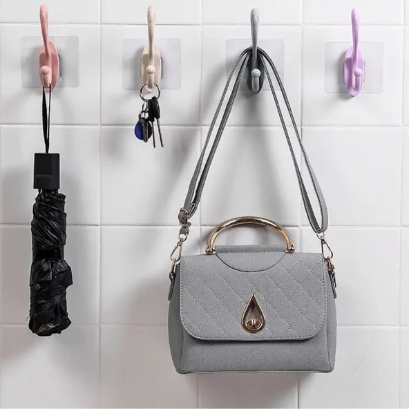 Şeffaf Yapışkanlı 6'lı Renkli Askı Seti Duvar Tipi Pratik Banyo ve Mutfak Düzenleyici - Resim 3