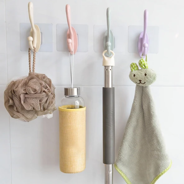 Şeffaf Yapışkanlı 6'lı Renkli Askı Seti Duvar Tipi Pratik Banyo ve Mutfak Düzenleyici - Resim 6