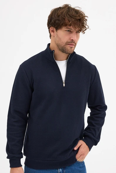 Erkek Lacivert Standart Fit Normal Kesim Pamuklu Yarım Fermuarlı Dik Yaka Pamuklu Sweatshirt - 2