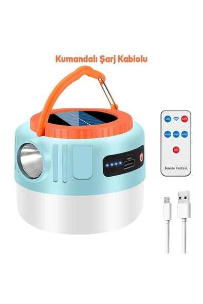 Güneş Enerjili Şarjlı Solar Kamp Lambası Ledli Asılarbilir El Feneri Powerbank 1200 mAh - 4