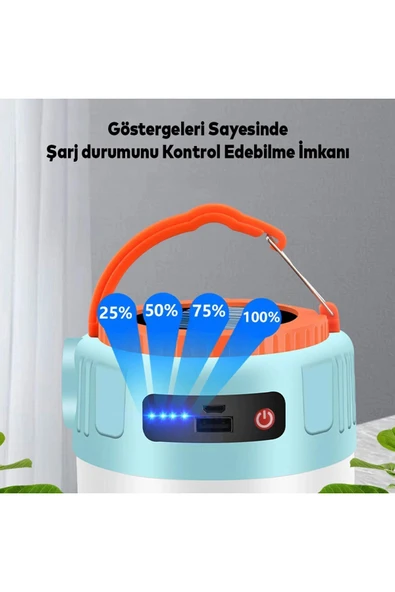 Güneş Enerjili Şarjlı Solar Kamp Lambası Ledli Asılarbilir El Feneri Powerbank 1200 mAh - 2
