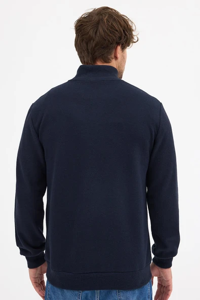 Erkek Lacivert Standart Fit Normal Kesim Pamuklu Yarım Fermuarlı Dik Yaka Pamuklu Sweatshirt - 7