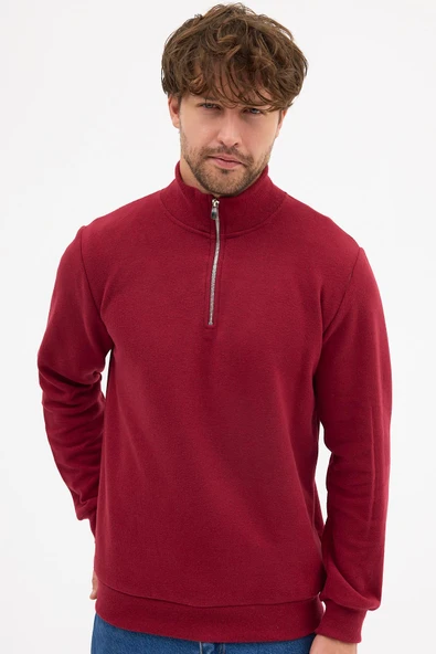 Erkek Bordo Standart Fit Normal Kesim Pamuklu Yarım Fermuarlı Dik Yaka Pamuklu Sweatshirt - 6