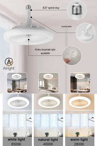 Yeni Nesil E27 Duylu Kumandalı Tan Vantilatörlü Led Lamba 3 Hız Ayarı Ve 3 Renk Ayarı - 7