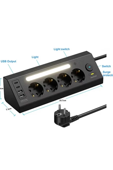 Lp764 Çoklu Gece Lambalı Priz Yüksek Gerilim Korumalı 4’lü Priz 2xusb 2xtype-c Çıkışlı Grup Priz Çoğaltıcı - 4