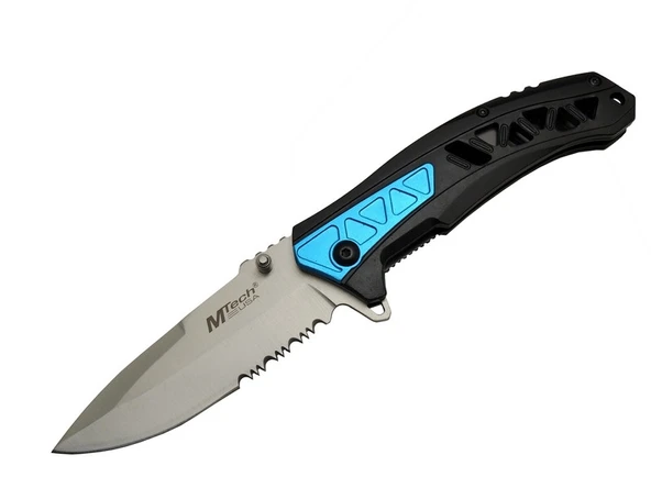 4193 Mavi Kamp Çakı 21cm - Yarı Otomatik, Kemerlikli, Testere Detaylı, Desenli Sap ürün görseli 1