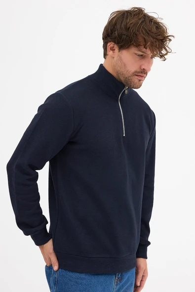 Erkek Lacivert Standart Fit Normal Kesim Pamuklu Yarım Fermuarlı Dik Yaka Pamuklu Sweatshirt - 6