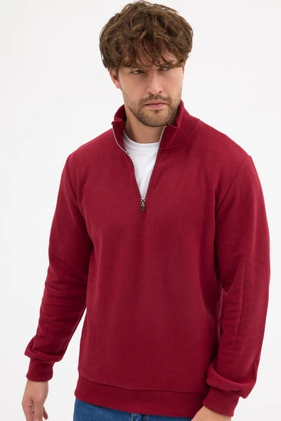 Erkek Bordo Standart Fit Normal Kesim Pamuklu Yarım Fermuarlı Dik Yaka Pamuklu Sweatshirt - 2