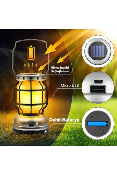 Güneş Enerjili Şarjlı Solar Kamp Lambası Ledli Su Geçirmez Asılabilir El Feneri Powerbank 1200 mAh - 7