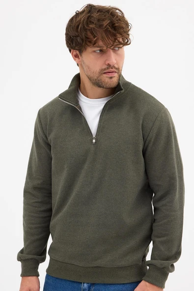 Erkek Haki Standart Fit Normal Kesim Pamuklu Yarım Fermuarlı Dik Yaka Pamuklu Sweatshirt - 2