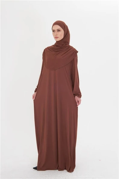 Kahve Tek Parça Namaz Elbisesi Viskon Düz 2503_14 - Resim 6