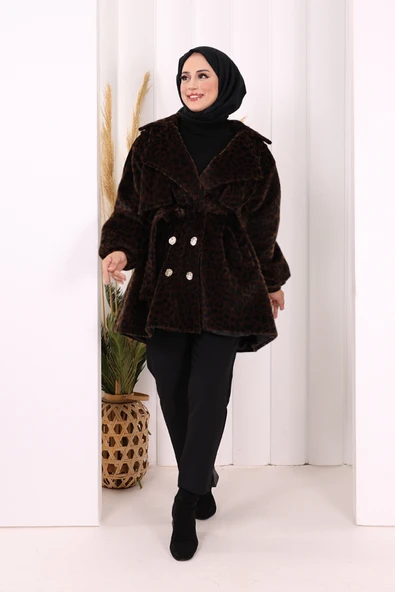 Leopar Düğmeli Kaban 70059-1 Kahverengi - 1