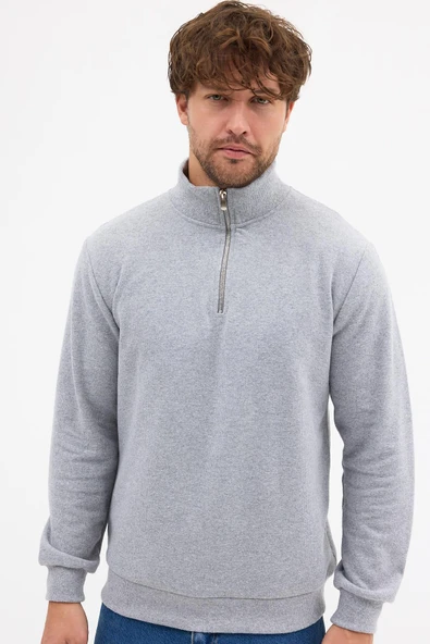 Erkek Gri Standart Fit Normal Kesim Pamuklu Yarım Fermuarlı Dik Yaka Pamuklu Sweatshirt - 4
