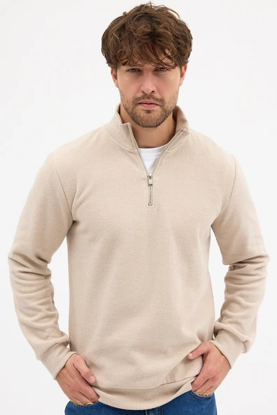 Erkek Bej Standart Fit Normal Kesim Pamuklu Yarım Fermuarlı Dik Yaka Pamuklu Sweatshirt - 3