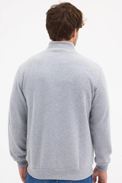 Erkek Gri Standart Fit Normal Kesim Pamuklu Yarım Fermuarlı Dik Yaka Pamuklu Sweatshirt - 7