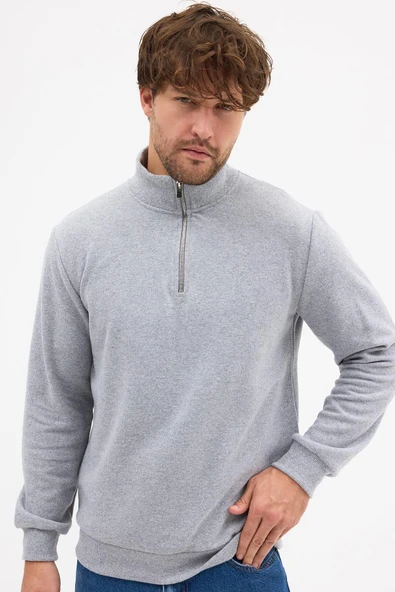 Erkek Gri Standart Fit Normal Kesim Pamuklu Yarım Fermuarlı Dik Yaka Pamuklu Sweatshirt - 6