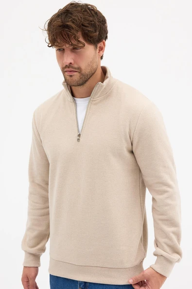 Erkek Bej Standart Fit Normal Kesim Pamuklu Yarım Fermuarlı Dik Yaka Pamuklu Sweatshirt - 2