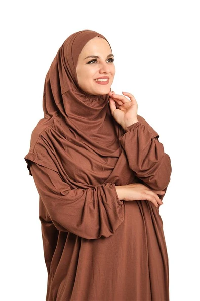 Kahve İki Parça Namaz Elbisesi Viskon Düz 2504_14 - Resim 5