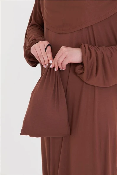 Kahve Tek Parça Namaz Elbisesi Viskon Düz 2503_14 - Resim 8