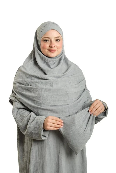 Gri İki Parça Namaz Elbisesi Dokuma Kendinden Desenli 2502_15 - Resim 6