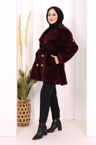 Leopar Düğmeli Kaban 70059-1 Bordo - Resim 3