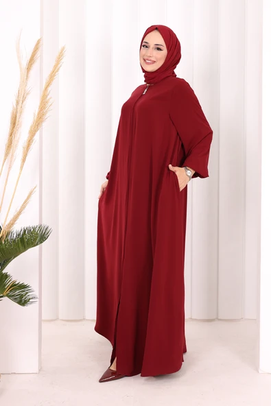 Fermuarlı Kol Manşetleri Büzgülü Mevlana Ferace 6007 Bordo - Resim 3