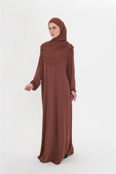 Kahve Tek Parça Namaz Elbisesi Viskon Düz 2503_14 - Resim 3