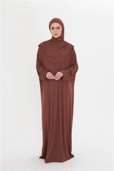 Kahve Tek Parça Namaz Elbisesi Viskon Düz 2503_14 - Resim 2