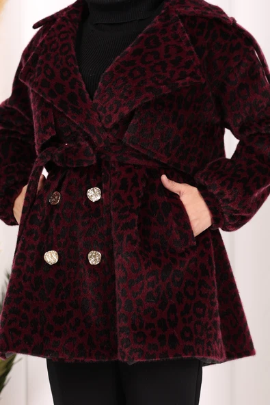 Leopar Düğmeli Kaban 70059-1 Bordo - Resim 6