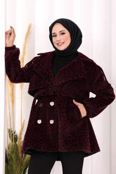 Leopar Düğmeli Kaban 70059-1 Bordo - Resim 5