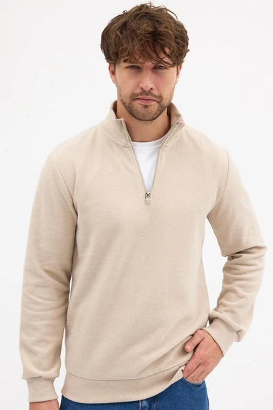 Erkek Bej Standart Fit Normal Kesim Pamuklu Yarım Fermuarlı Dik Yaka Pamuklu Sweatshirt - 1