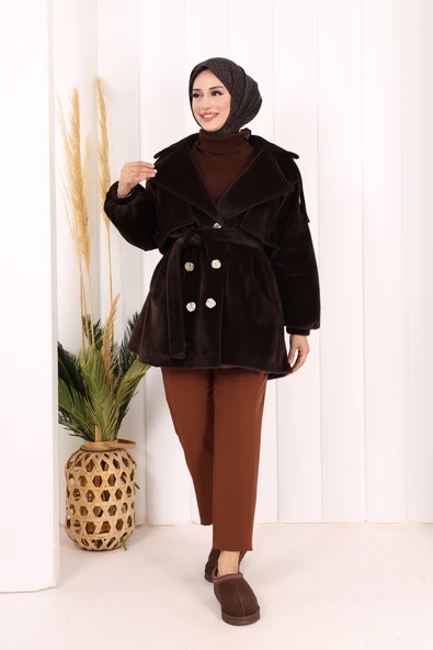 Düğmeli Kaban 70059 Kahverengi - 1