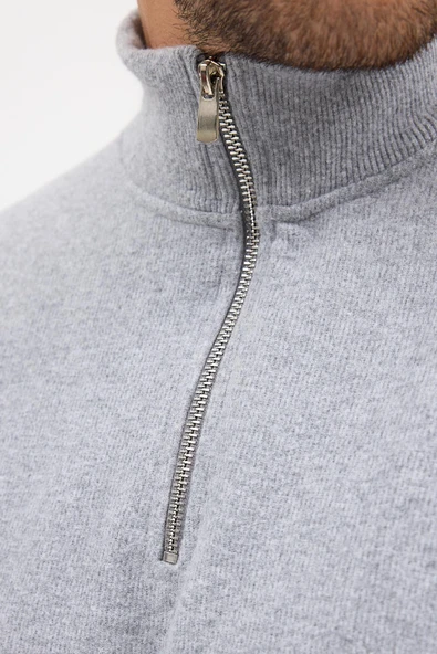 Erkek Gri Standart Fit Normal Kesim Pamuklu Yarım Fermuarlı Dik Yaka Pamuklu Sweatshirt - 5