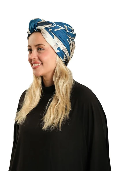 Lacivert Pratik Hazır Geçmeli Tesettür Bone İpek Desenli 2410_02 ürün görseli 1