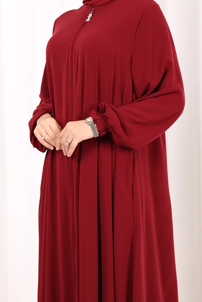 Fermuarlı Kol Manşetleri Büzgülü Mevlana Ferace 6007 Bordo - Resim 6
