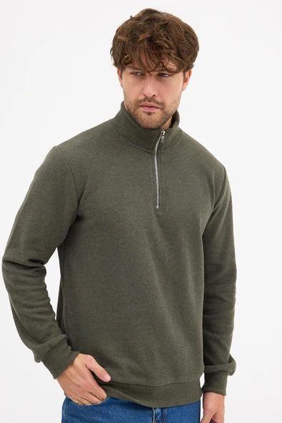 Erkek Haki Standart Fit Normal Kesim Pamuklu Yarım Fermuarlı Dik Yaka Pamuklu Sweatshirt - 5