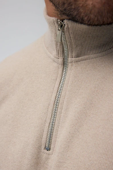 Erkek Bej Standart Fit Normal Kesim Pamuklu Yarım Fermuarlı Dik Yaka Pamuklu Sweatshirt - 4