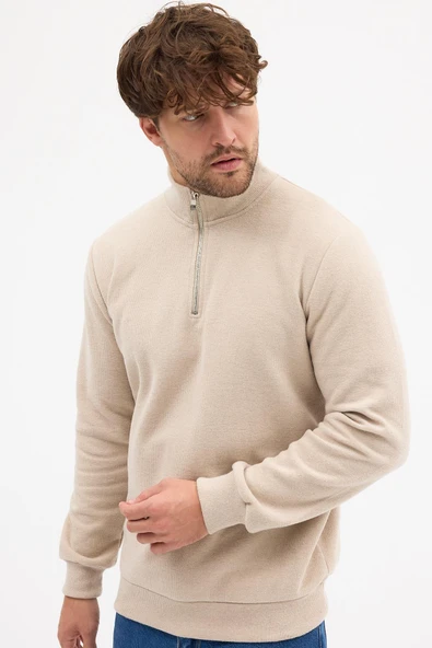 Erkek Bej Standart Fit Normal Kesim Pamuklu Yarım Fermuarlı Dik Yaka Pamuklu Sweatshirt - 6