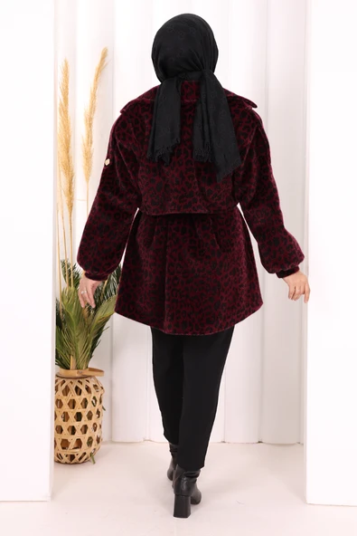Leopar Düğmeli Kaban 70059-1 Bordo - Resim 4
