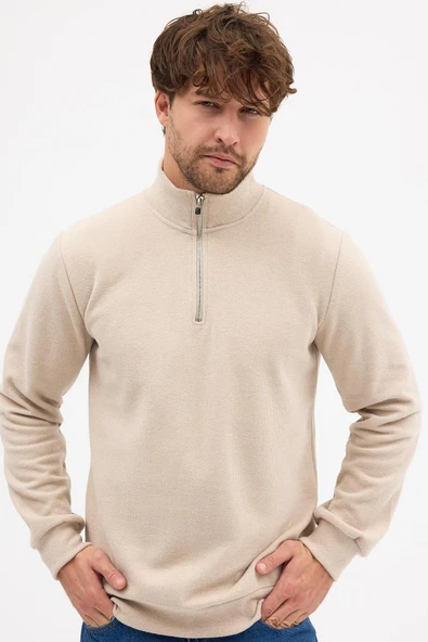Erkek Bej Standart Fit Normal Kesim Pamuklu Yarım Fermuarlı Dik Yaka Pamuklu Sweatshirt - 5
