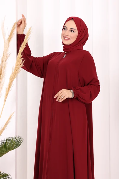 Fermuarlı Kol Manşetleri Büzgülü Mevlana Ferace 6007 Bordo - Resim 5