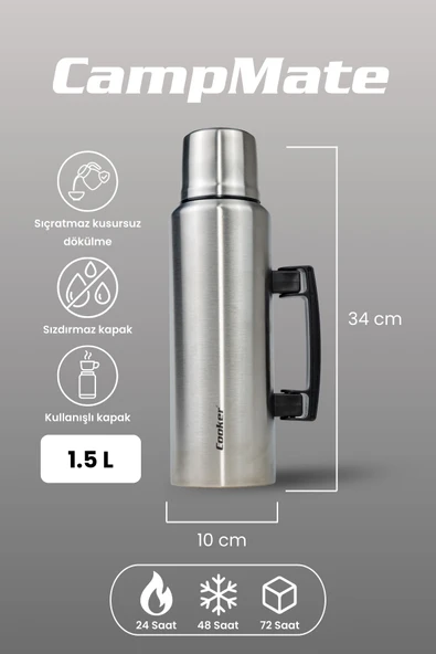Cooker CKR2084 1.5 Litre Çift Katlı Kulplu Paslanmaz Çelik Termos Gümüş - 2