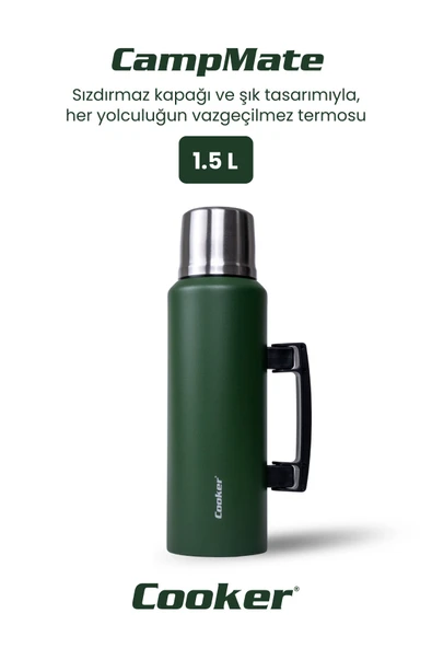 Cooker CKR2085 1.5 Litre Çift Katlı Kulplu Çelik Termos Yeşil - 1