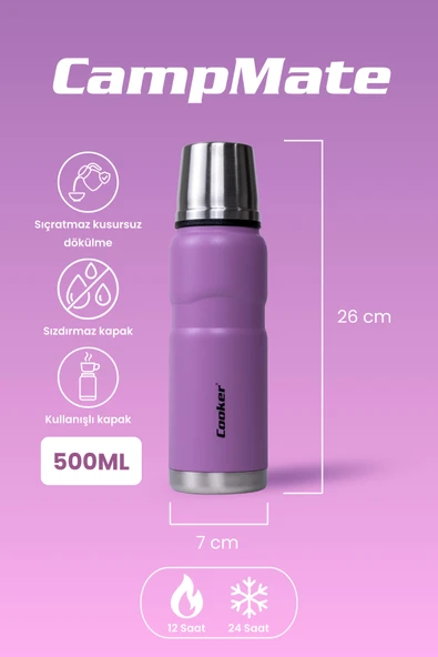 Cooker CKR2052 500 ML Çift Kat Sızdırmaz Paslanmaz Çelik Termos Pembe - 2
