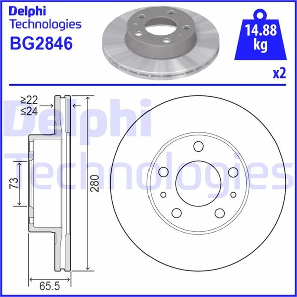 DELPHI BG2846 ÖN FREN AYNASI BOXER I-II 94 >JUMPER I-II 94 >DUCATO I-II 94 > 280x24x5DLxHAVALI 4249.H8-71738905-4246.L2-4246.X9 ürün görseli 1